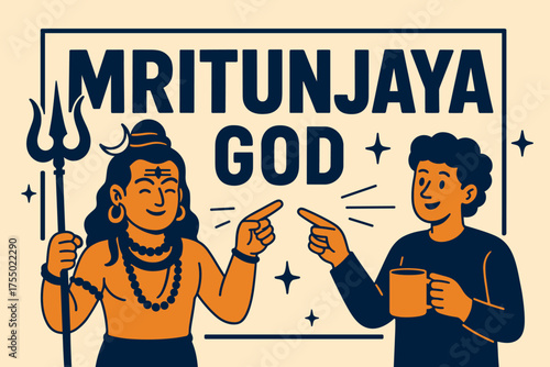 Mritunjaya God Banner. Mritunjaya God banner, flat vector illustration, bold oversized text inside rectangular frame, cartoon characters standing and pointing,