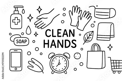 Clean Hands Icons. Clean hands. Hand-drawn doodle illustration clean hands sanitizer bottle, hand, droplet, bubbles, star sparkle, soap bar, mask, gloves,