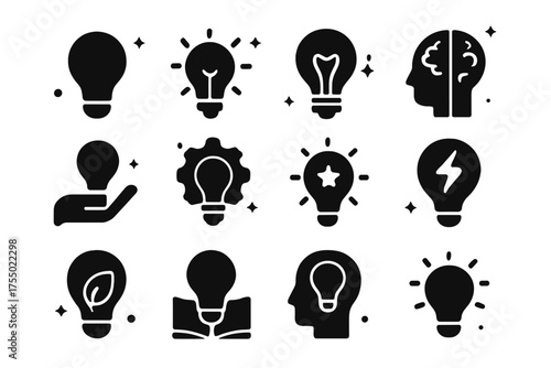 Creative Lightbulb Icons. Idea lightbulb. Solid icons set of Idea lightbulb: classic bulb, glowing bulb, filament bulb, brain with bulb, hand holding bulb,