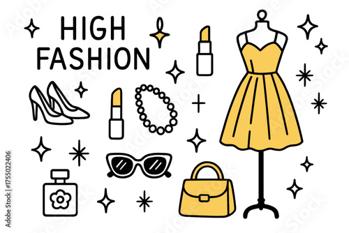 Fashionable Doodle Art. High Fashion. Hand-drawn doodle illustration dress (colored), mannequin (colored), shoes, lipstick (colored), necklace, sparkle, star,