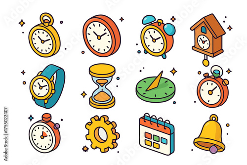 Colorful Clock Icons. Classic Clocks. Colorful isometric vector icons set of classic clocks: pocket watch, wall clock, alarm clock, cuckoo clock, wristwatch,