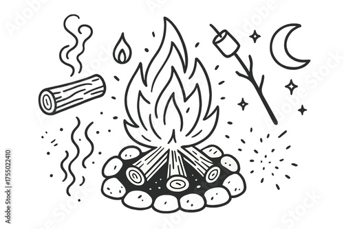 Nighttime Campfire Sketch. Campfire. Hand-drawn doodle illustration Campfire log flame spark smoke stone circle night stick marshmallow light ember. Simple