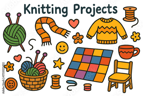 Colorful Knitting Doodles. Knitting Projects. Colorful Hand-drawn doodle Children illustration yarn ball, scarf, sweater, blanket, basket, needles, flower,