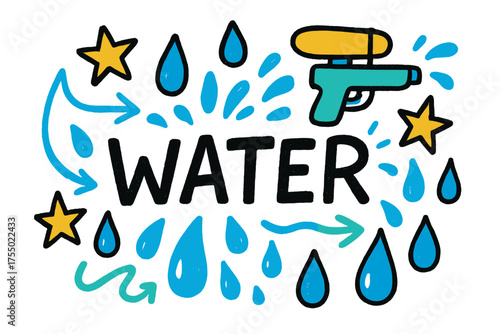 Playful Water Doodles. Water Sketch ? Doodle / Sketch style, playful hand-drawn rough letters with arrows, stars, droplets, and toy gun doodles, colorful