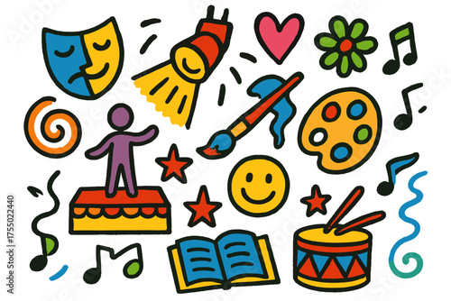 Creative Doodle Chaos. Avant-garde. Colorful Hand-drawn doodle Children illustration abstract mask, paintbrush, palette, spotlight, stage, performer, music