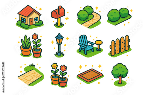 Colorful Curb Appeal Icons. Curb appeal. Colorful isometric vector icons set of curb appeal: front yard, mailbox, walkway, trimmed bushes, decorative plants,