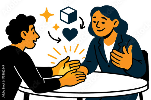 Healing Connection. Shared understanding. Glowing pair of hands reaching across table with counselor nodding supportively. Floating icons of sparkle, cube, and
