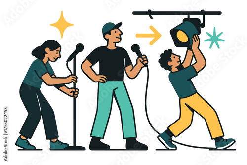 Dynamic Stage Setup. Stage preparation. Glowing crew setting microphones and adjusting lights before keynote. Floating icons of sparkle, spotlight, and arrow