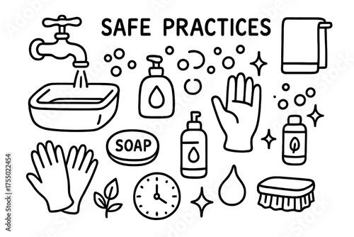 Hygiene Essentials Illustration. Safe practices. Hand-drawn doodle illustration safe practices faucet, sink, soap bar, soap dispenser, towel, bubbles, water