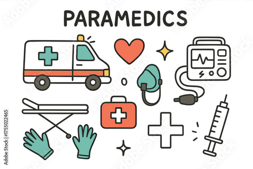 Colorful Paramedic Doodles. Paramedics. Hand-drawn doodle illustration ambulance (colored), stretcher, oxygen mask (colored), first aid kit, heart icon
