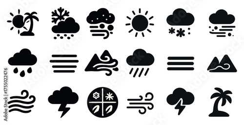 Weather and nature solid icons set – flat, filled, climate and environmental symbols