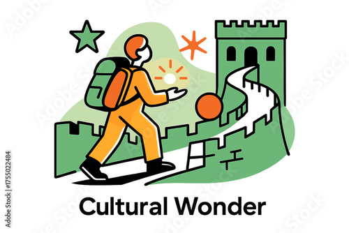 Traveler on Great Wall. Cultural Wonder. A glowing traveler with backpack on Great Wall, abstract floating spark and star icons symbolizing heritage. Modern