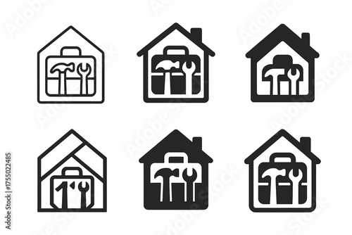 House Renovation Logos. Home renovation and construction services. Set Logo of Home renovation and construction services: house silhouette with toolbox.