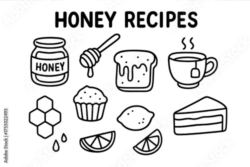 Honey Recipe Doodles. Honey Recipes. Hand-drawn doodle illustration Honey Recipes honey jar dipper toast tea cake muffin comb drizzle lemon. Simple