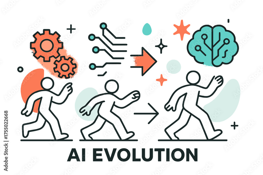 Naklejka premium AI Evolution Journey. AI Evolution. A glowing transition from gears to circuits to abstract AI brain, abstract floating spark and arrow icons symbolizing
