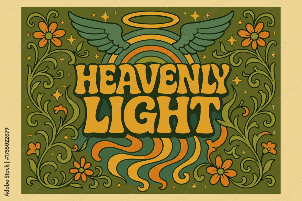 Obraz premium Heavenly Psychedelic Poster. Heavenly Light ? 70s Poster, funky wavy stacked lettering, concentric swirls, floral curves with stars, halos, and