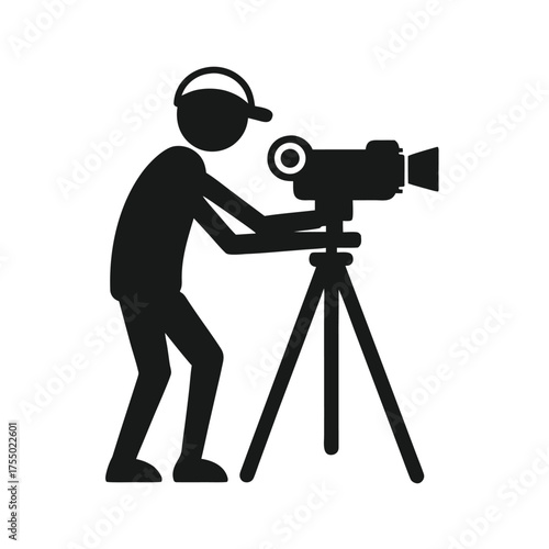 A photographer with a digital camera and tripod, and a person with a telescope, creating professional media photo and video technology in a black silhouette studio