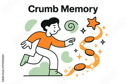 Whimsical Crumb Trail. Crumb Memory. A glowing whimsical trail of bread crumbs with sparkles, abstract floating star and swirl icons symbolizing storytelling.