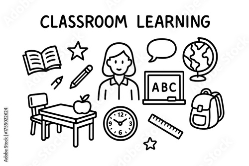 Classroom Doodle Elements. Classroom learning. Hand-drawn doodle illustration classroom learning book, blackboard, chalk, desk, chair, pencil, apple, backpack,