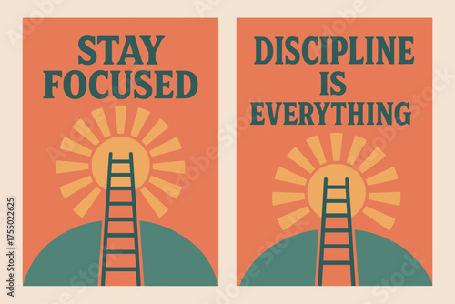 Retro Motivational Banners. Mindset. Two vertical A6 banners with safe margins, centered composition, no elements touching edges, retro style, coral and teal,