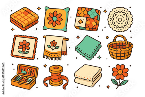 Vintage Textiles Icons. Vintage Textiles. Colorful isometric vector icons set of vintage textiles: folded tablecloth, pillowcase, quilt, lace doily,