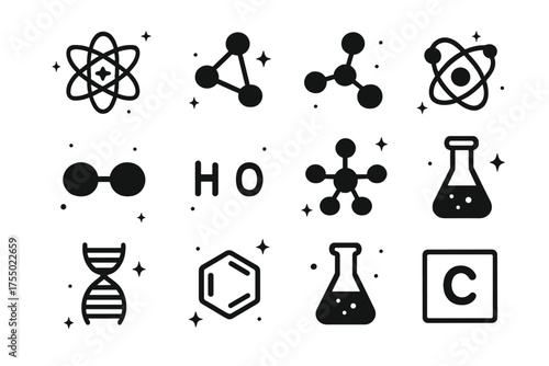 Black Molecule Icons. Molecules. Solid icons set of Molecules: atom, chemical bond, molecular structure, electron, nucleus, hydrogen molecule, oxygen molecule,