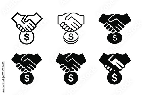 Minimum Wage Emblems. Minimum wage laws. Set Logo of Minimum wage laws: Handshake over coin. harmonious logo variations of the same emblematic concept, each