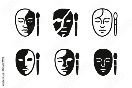 Stage Makeup Logos. Makeup for stage performance. Set Logo of Makeup for stage performance: Prosthetic Piece. harmonious logo variations of the same emblematic