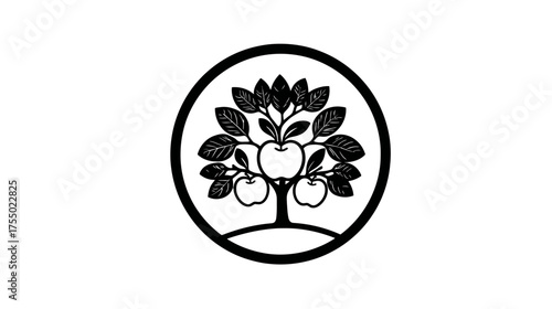 A stylized illustration of a tree bearing fruit within a circular frame, rendered in stark monochrome