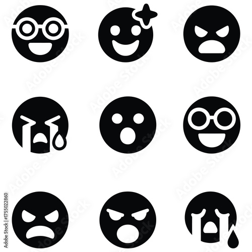 Collection of nine black and white emotion face icons. set of funny faces