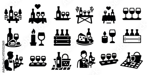 Wine and dining solid icons set – silhouette, filled, beverage and hospitality symbols