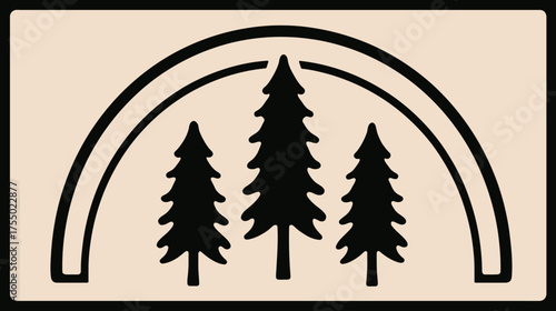 A minimalist, black-and-beige graphic featuring three trees under a double arch