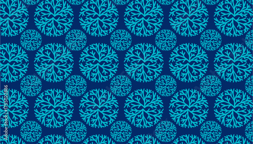 Winter Pine and Cypress Texture Background in a blue color. Christmas Snow and Ball design