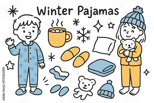 Cozy Winter Doodles. Winter Pajamas. Hand-drawn doodle illustration kids in warm pajamas (colored), hot cocoa (colored), snowflake, slippers (colored), pillow,