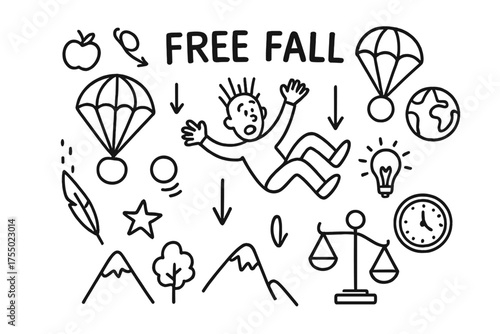 Free Fall Doodle. Free fall. Hand-drawn doodle illustration free fall person falling, parachute, arrow down, apple, feather, ball, star, globe,