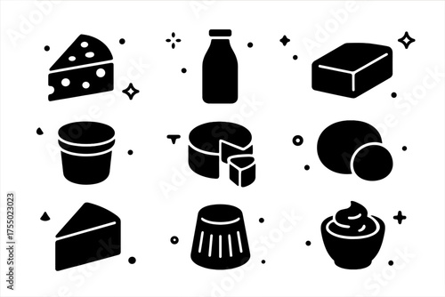 Cheese and Dairy Icons. Cheese & Dairy. Solid icons set of Cheese & Dairy: cheese wedge, cheese slice, milk bottle, butter block, cream jar, yogurt cup, brie,
