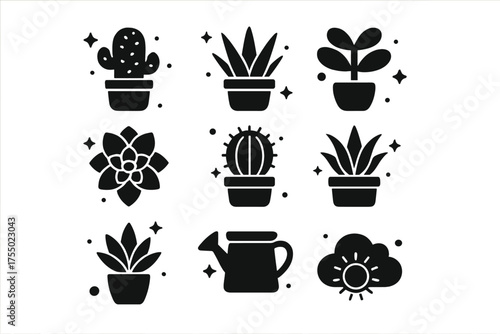 Succulent Icon Collection. Succulent decor. Solid icons set of Succulent decor: cactus in pot, aloe in pot, jade plant, echeveria, barrel cactus, agave, leaf