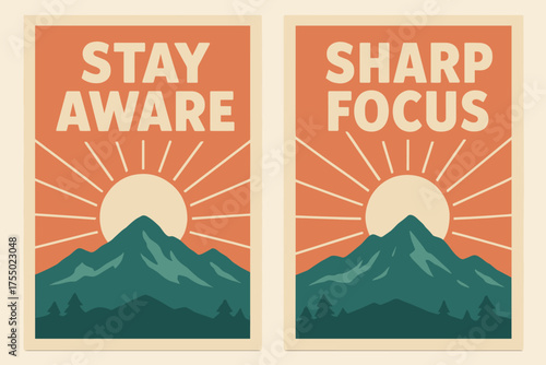 Retro Motivational Banners. Mindset. Two vertical A6 banners with safe margins, centered composition, no elements touching edges, retro style, coral and teal,