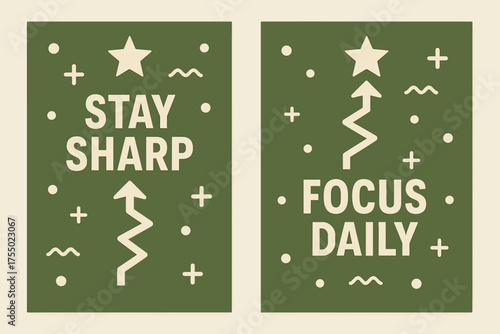 Stay Sharp, Focus Daily. Inspiration. Two vertical A6 banners with safe margins, centered composition, no elements touching edges, memphis style, olive green