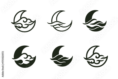 Moonlight Logo Variations. Moonlight. Set Logo of Moonlight: moon with wispy cloud ribbons. harmonious logo variations of the same emblematic concept, each