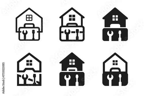House Renovation Logos. Home renovation and construction services. Set Logo of Home renovation and construction services: house silhouette with toolbox.