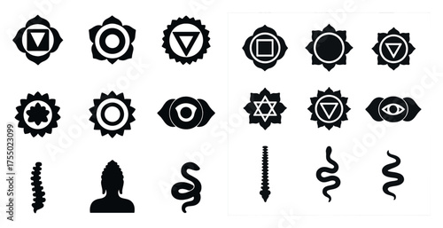 Chakras and symbols silhouette icons set – holistic, meditation, energy signs