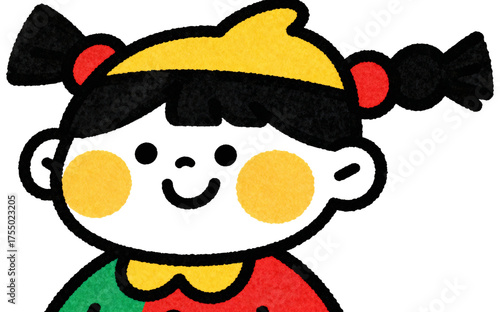 A smiling cartoon child with pigtails and a colorful outfit, transparent background png