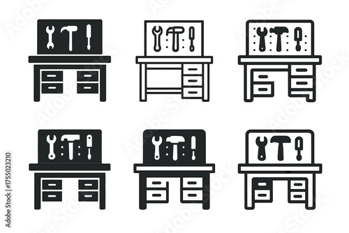 Garage Logo Variations. Decluttering the garage. Set Logo of Decluttering the garage: workbench with drawers. harmonious logo variations of the same emblematic