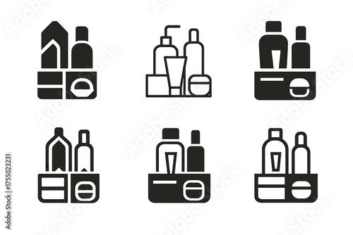Cosmetic Logo Variations. Arranging cosmetics and skincare in a vanity. Set Logo of Arranging cosmetics and skincare in a vanity: drawer dividers. harmonious