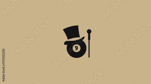 A playful graphic of a black top hat, cane and pool ball with a nine, set against a tan background