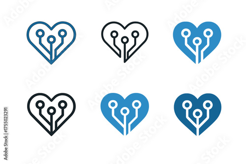 Robotic Empathy Logos. Robotic empathy and emotional response. Set Logo of Robotic empathy and emotional response: neural-circuit heart (tech + emotion).