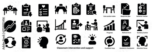 Education and classroom silhouette icons set – teaching, learning, intervention tools