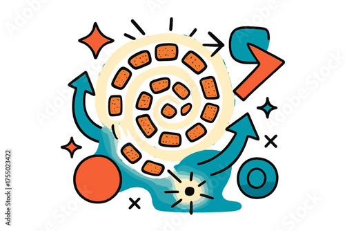 Guiding Crumb Spiral. Guiding Crumbs. A glowing stylized spiral of bread crumbs floating like stars, abstract spark and circle icons symbolizing paths and