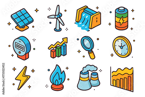 Renewable Energy Icons. Renewable Energy. Colorful isometric vector icons set of renewable energy: solar panel, wind turbine, hydro dam, battery, electric